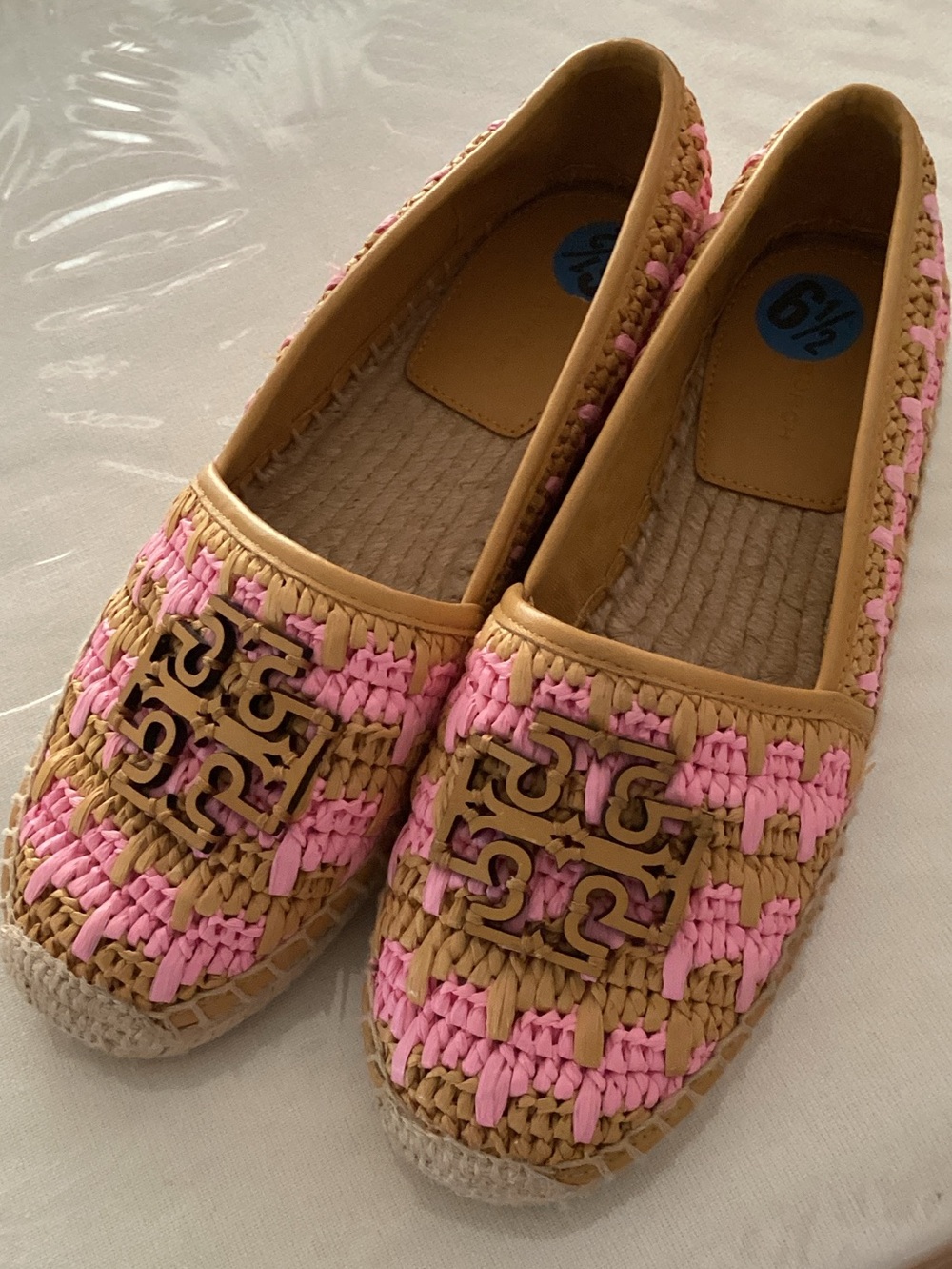 Tory Burch Pink and Natural Woven Espadrille Loafers with Logo Plaque